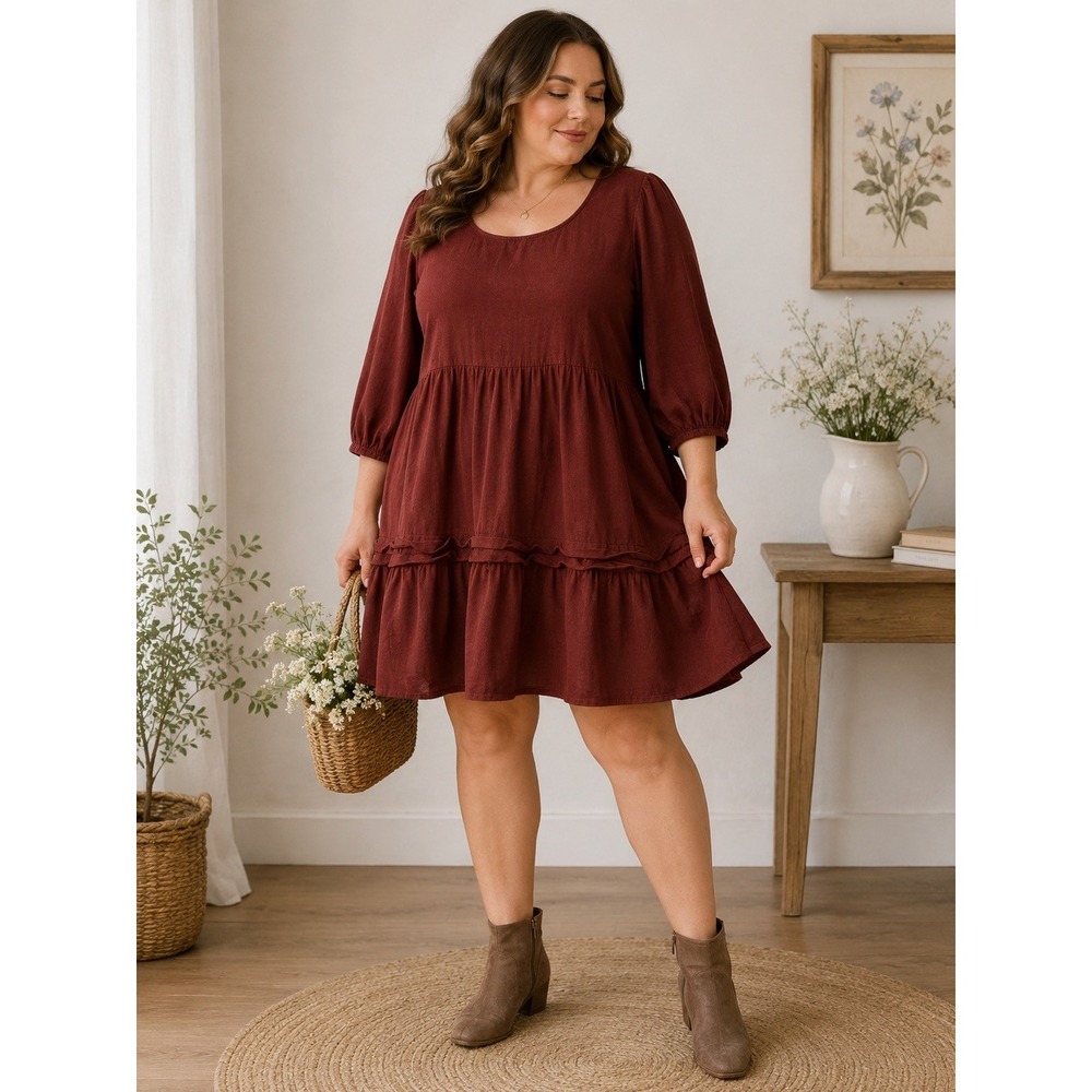 Rust Brown Corduroy Tiered Babydoll Earthy Neutral Mini Dress XXL 20 100% Cotton